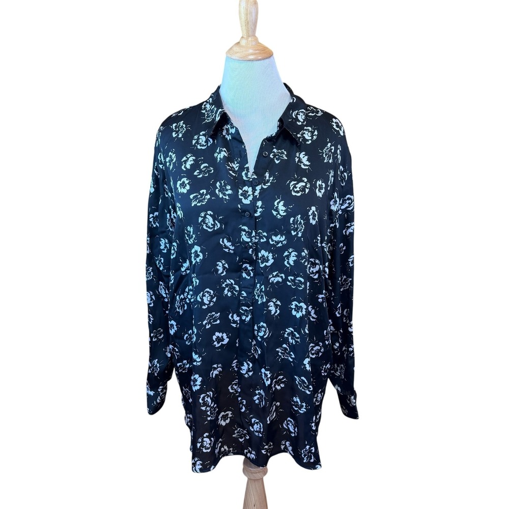 Plus Lauren Ralph Lauren Silky Feel Black & White Rose Floral Collared Tunic 3X